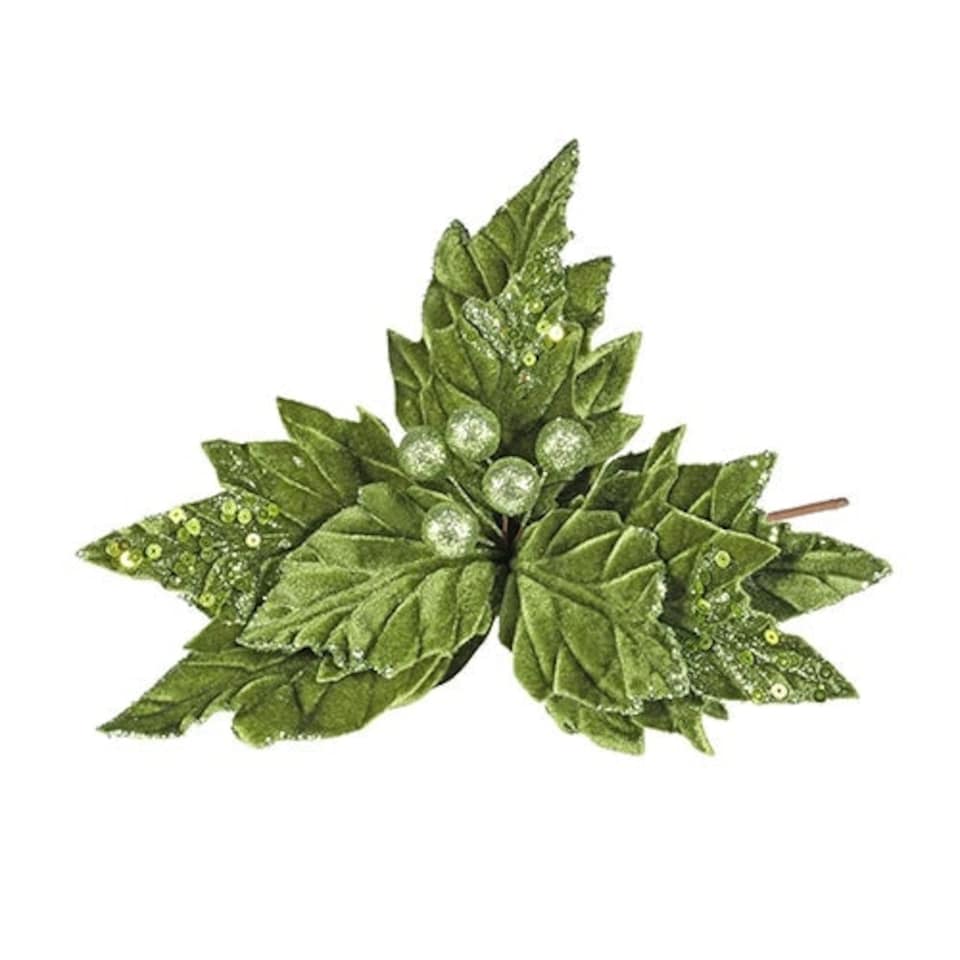 Green Glitter Velvet Poinsettia Christmas Pick Decoration 33cm