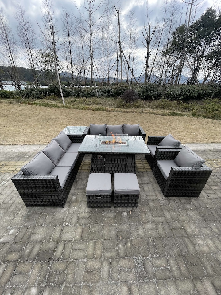 image 1 of Fimous 10 Seater Outdoor Lounge Rattan Sofa Set Garden Furniture Gas Firepit Set Dining Table With Chair Coffee Table Stools Dark Grey Mixed