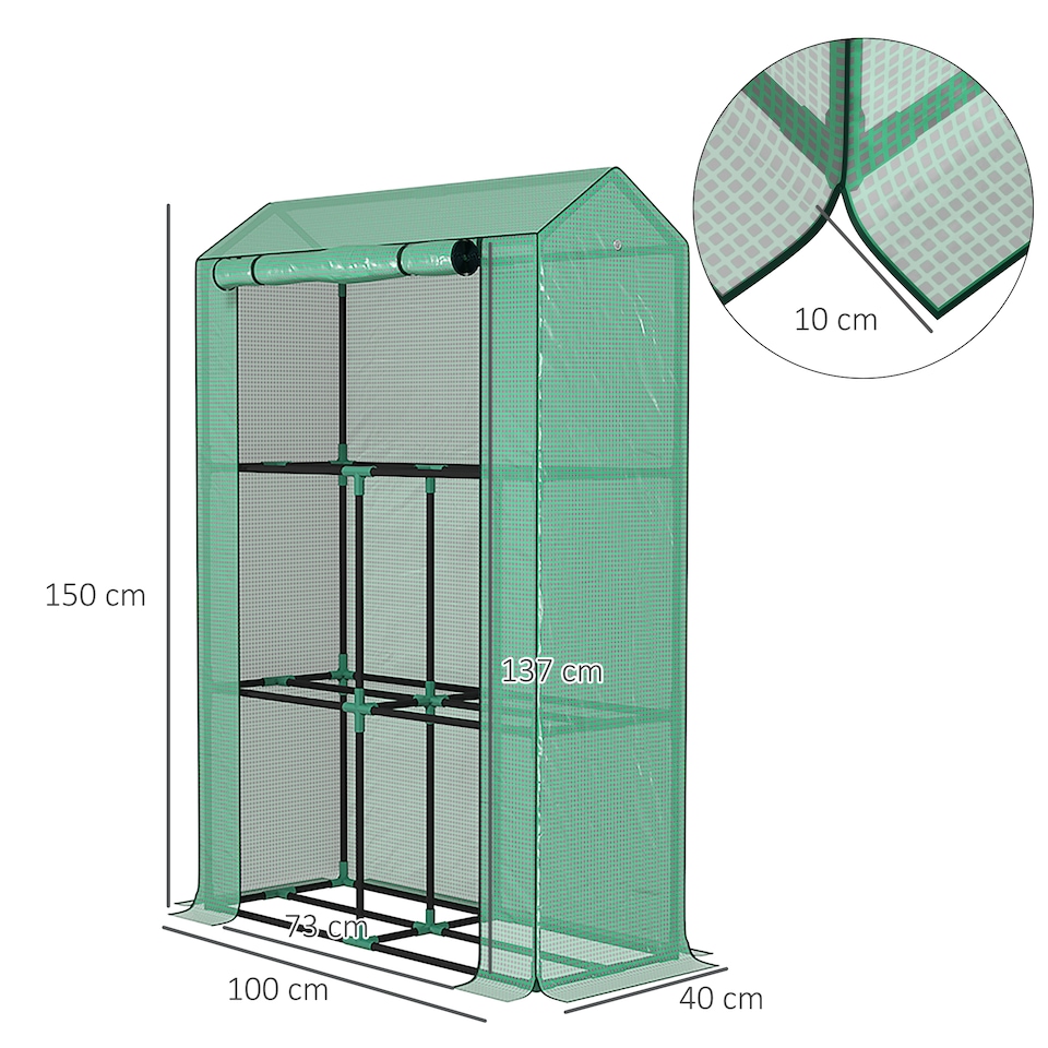 image 1 of Outsunny 3 Tier Mini Greenhouse with PE Cover, Roll-Up Door, Green