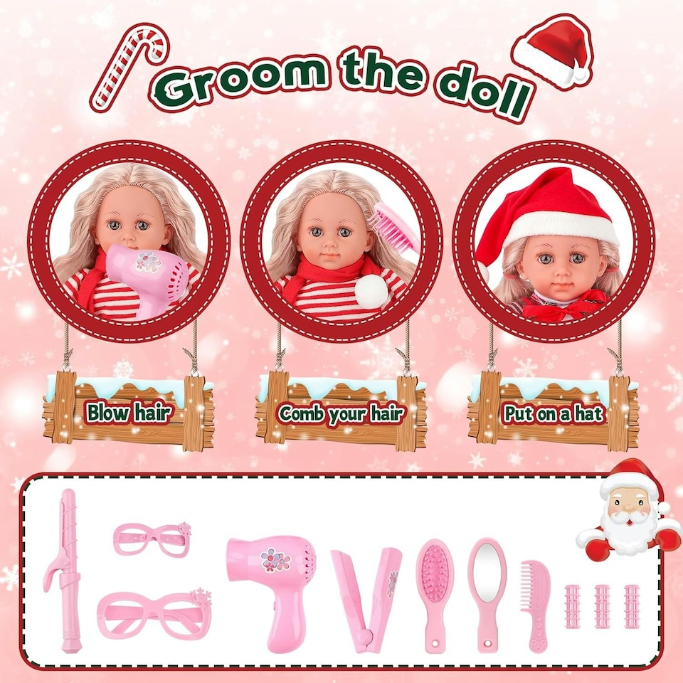 image 1 of Christmas Baby Doll Toy Set dress-up doll Toddler Kids Gift Birthdays play set 3 Set Dolls Clothes and fun accessories