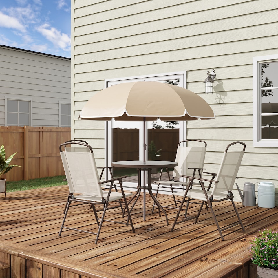 image 1 of Outsunny 6 Piece Garden Dining Set with Umbrella, Patio Sets with Parasol with 4 Folding Dining Chairs & Round Tempered Glass Table, Beige