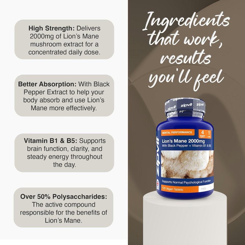 image 1 of Zipvit Lion’s Mane Complex 2000mg – Focus & Mental Performance, 120 Vegan Tablets, 4-Month Supply