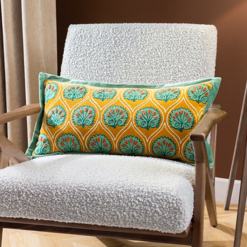 image 1 of Paoletti Embroidered Cushion, Ochre/Marine, 30 x 60cm