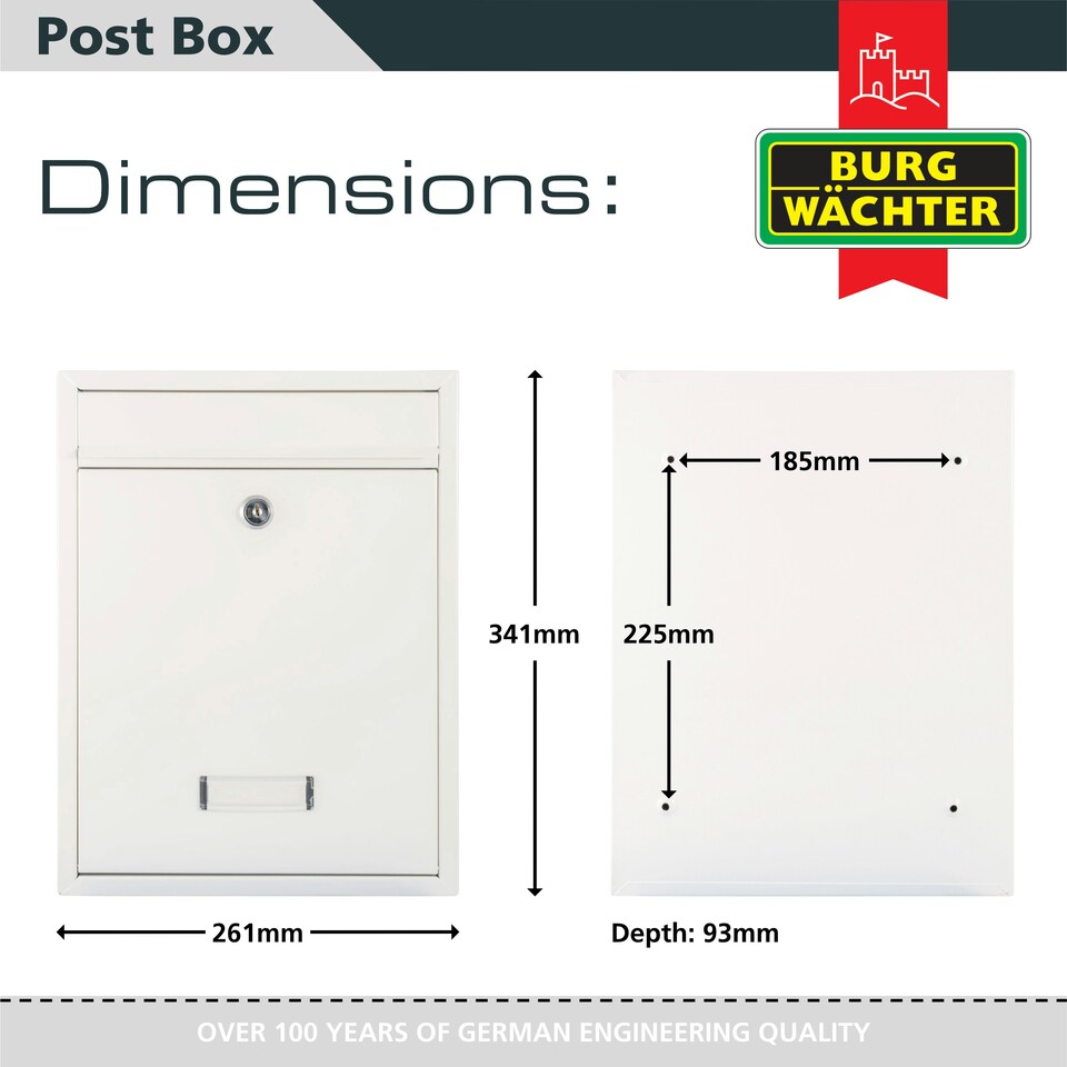 image 1 of Burg-Wachter Trent Wall Mounted Galvanised Steel Lockable Post Box - 26x34x9cm White
