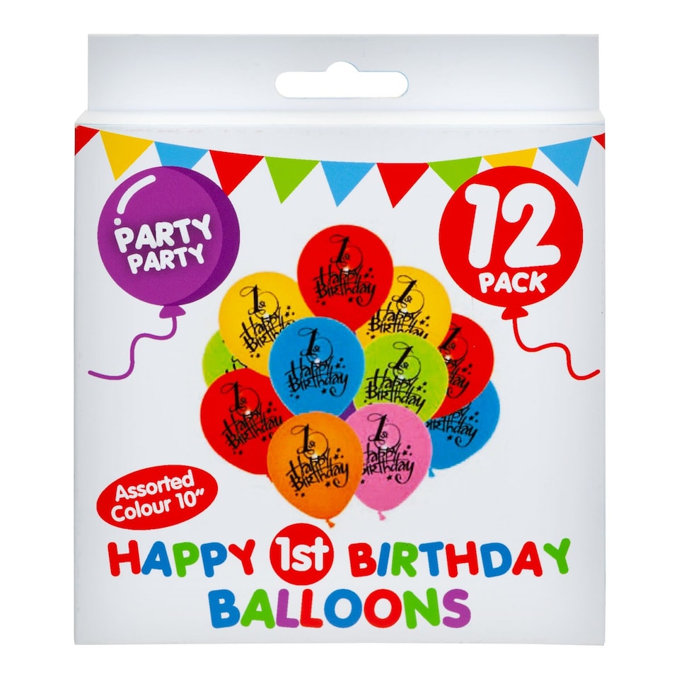 PMS 1st Birthday Balloons - Printed 'Happy Birthday' (12 Pack)