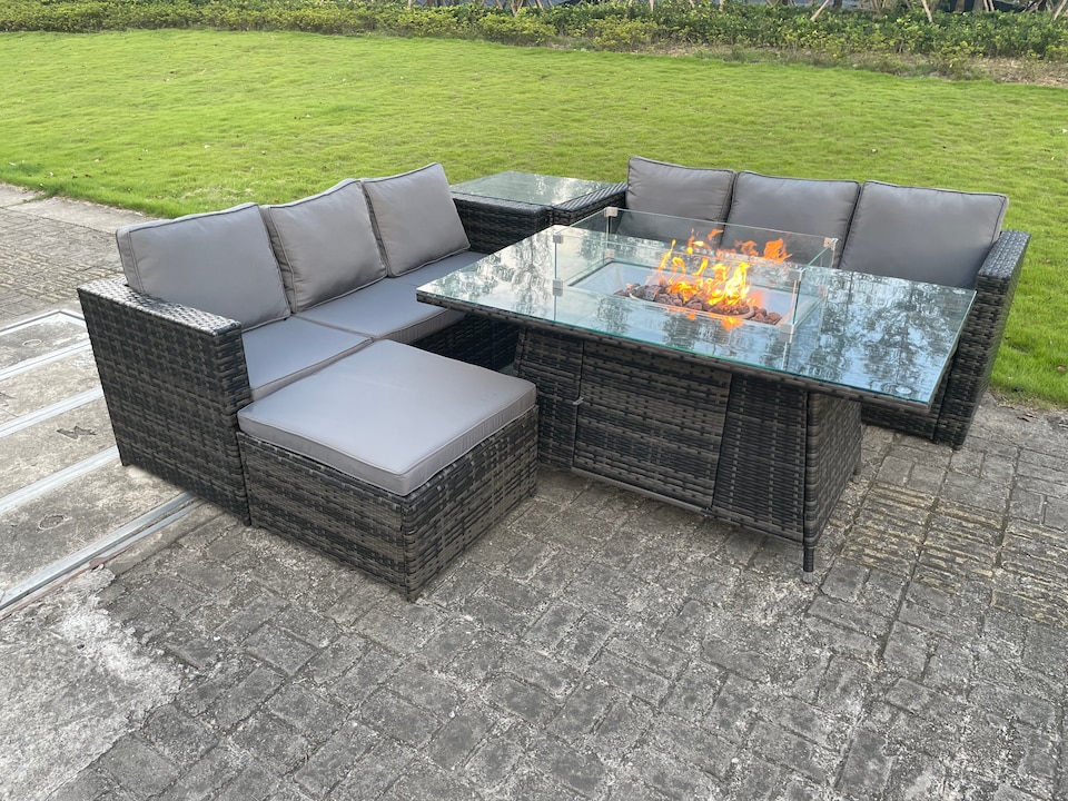 image 1 of Fimous Outdoor Rattan Garden Furniture Gas Fire Pit Dining Table Sets Gas Heater Lounge Big Footstool Dark Mixed Grey 7 Seater