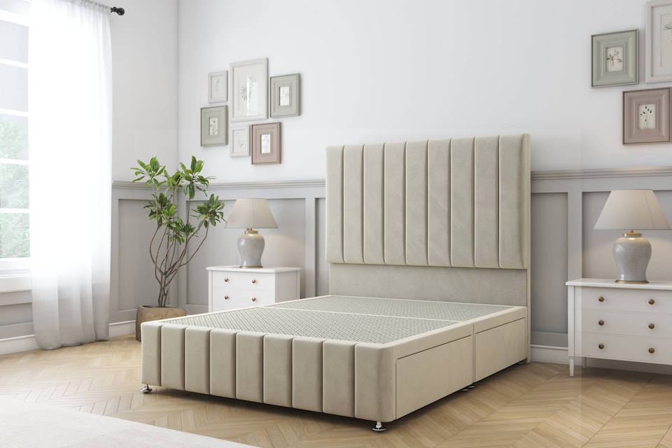 image 1 of Sloomy California Cream Plush Divan Bed Base No Drawers With 26 Inch Strutted Headboard & 12 Inch Matching Footboard | Cream | Cream | Small Single | 1