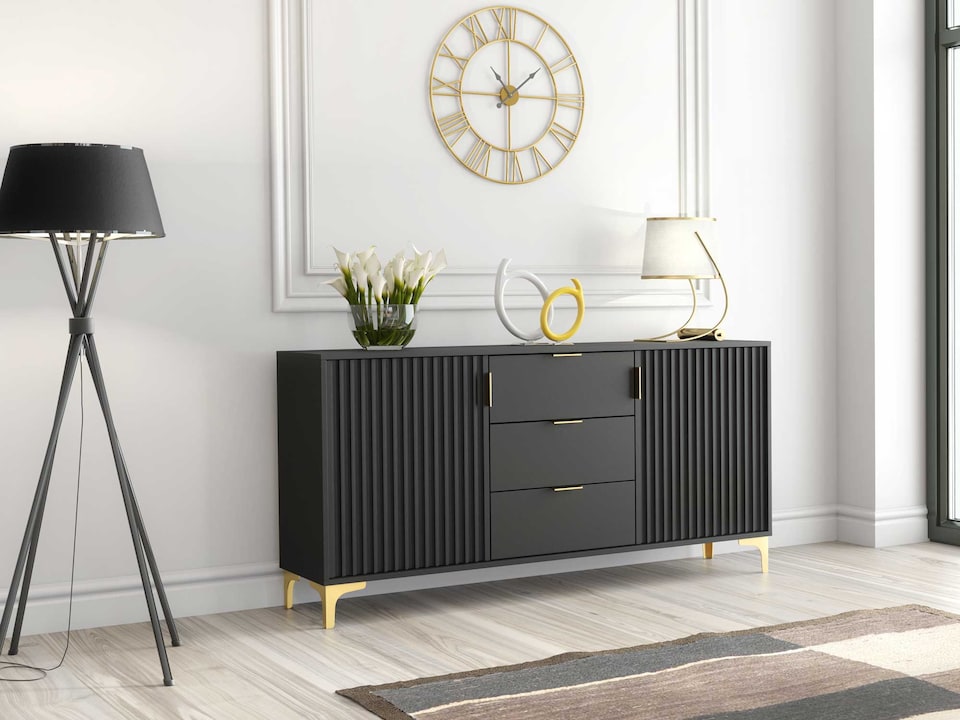 image 1 of Sideboard Cabinet Storage Cupboard Drawers Black Grooved Doors Loft Retro Industrial Living Dining Room Hallway Furniture 140cm