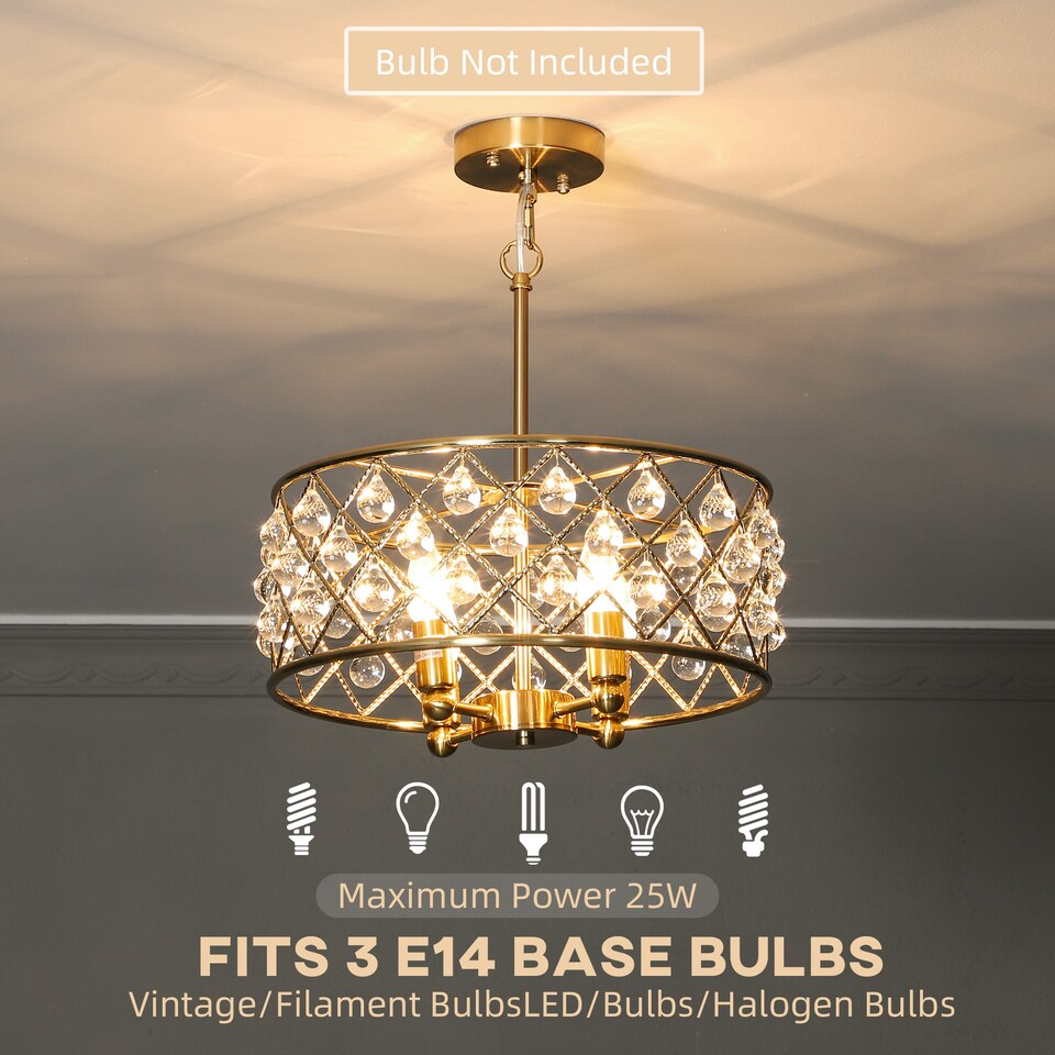 image 1 of HOMCOM Crystal Chandelier with Adjustable Height, 4-Light Modern Flush Mount Ceiling Light, Hanging Chandelier with E14 Base for Living Room, Bedroom, Dining Room, Bulb Not Included, Gold Tone | Gold