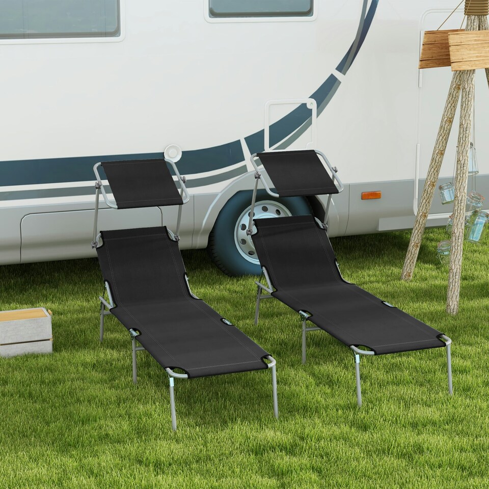 image 1 of Outsunny Folding Sun Lounger Set of 2 w/ Sunshade Adjustable Backrest Black
