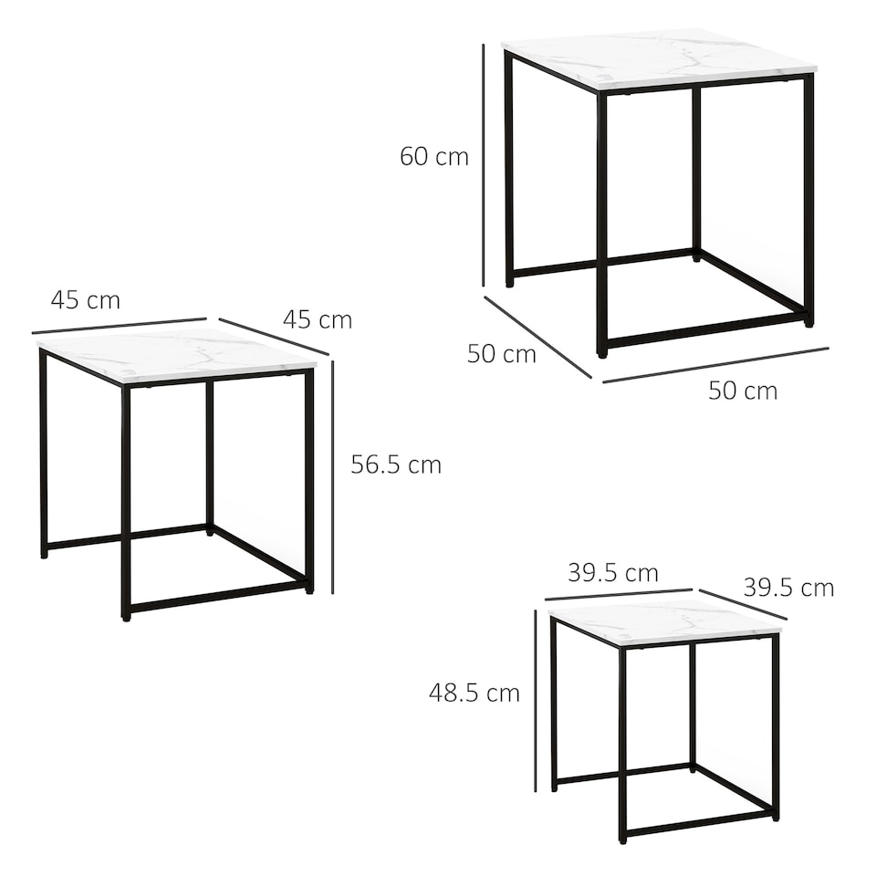 image 1 of HOMCOM Nesting Tables Set of 3, Side End Table with Faux Marble Effect Top and Steel Legs for Living Room, Bedroom, White | White
