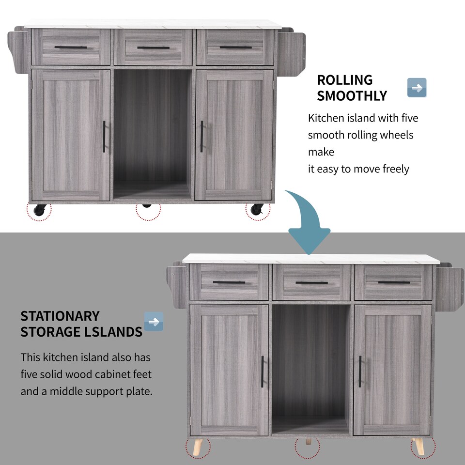 image 1 of VILUXE Mobile Kitchen Island with Foldable Marble-Effect Worktop, 3 Drawers, Adjustable Storage, Towel Holder, Wheels and Solid Wood Feet, Grey