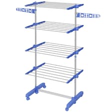 HOMCOM 4-Tier Clothes Airer, Stainless Steel Foldable Clothes Drying Rack with Wheels and Wings, Indoor and Outdoor, Easy Assembly, 142 x 55 x 172cm, Blue