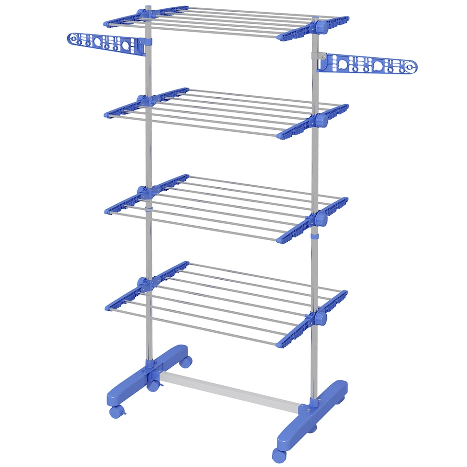 image 1 of HOMCOM 4-Tier Clothes Airer, Stainless Steel Foldable Clothes Drying Rack with Wheels and Wings, Indoor and Outdoor, Easy Assembly, 142 x 55 x 172cm, Blue