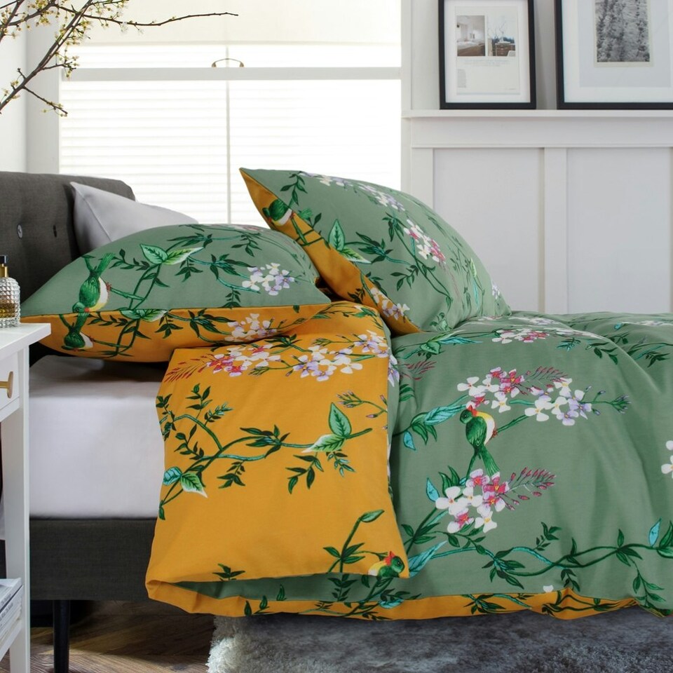 image 1 of Bird Garden Sage & Gold 200 Thread Count Duvet Cover Set - Decorative Animal and Floral Bedding Design Green | Sage & Gold | King