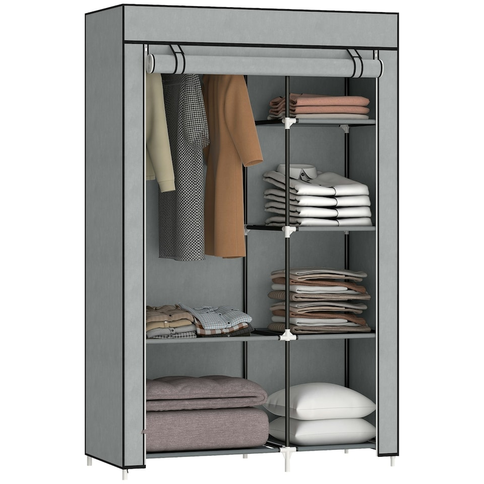 image 1 of HOMCOM Fabric Wardrobe w/ Shelves Hanging Rail Foldable Closets Light Grey