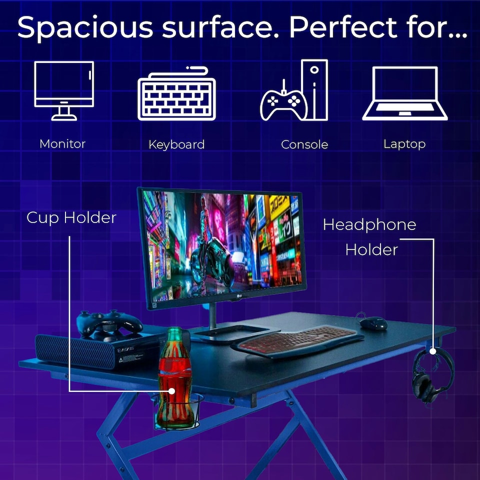 image 1 of Blue Ergonomic PC Gaming Office Computer Desk with Headphone Hook
