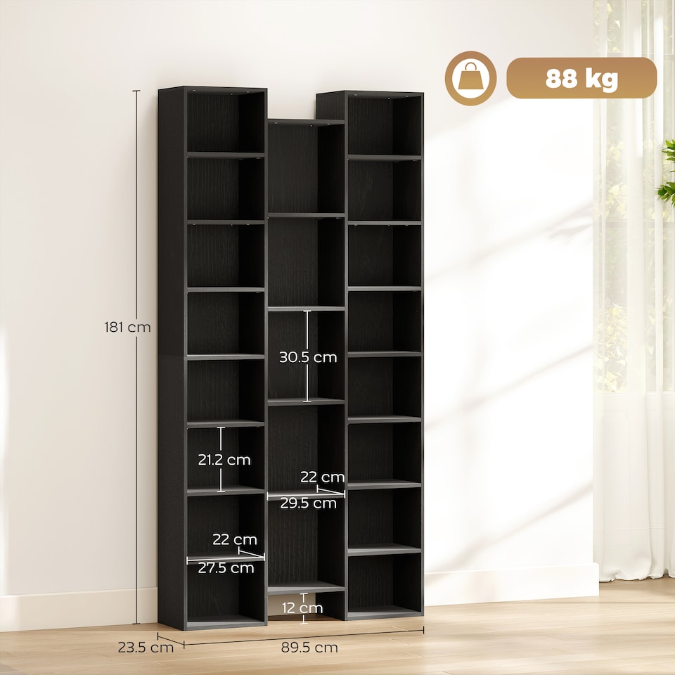 image 1 of HOMCOM 21-Cube Tall Bookcase, Modern Cube Book shelf with 10 Adjustable Shelves, Freestanding Multi-Functional Storage Unit for Living Room, Home Office, Bedroom, 181 x 89.5W cm, Black | Black | Black