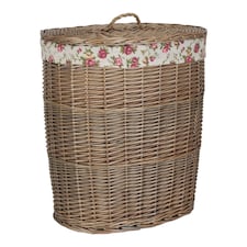 Antique Wash Garden Rose Cotton Lined Oval Willow Laundry Basket