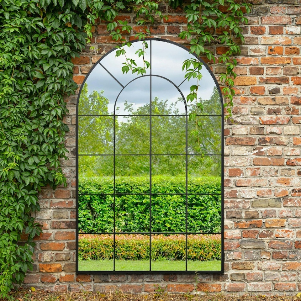 image 1 of The Arcus - Black Framed Arched Window Garden Mirror 75" X 47" 190 x 120CM. Suitable for Outside and Inside! Black