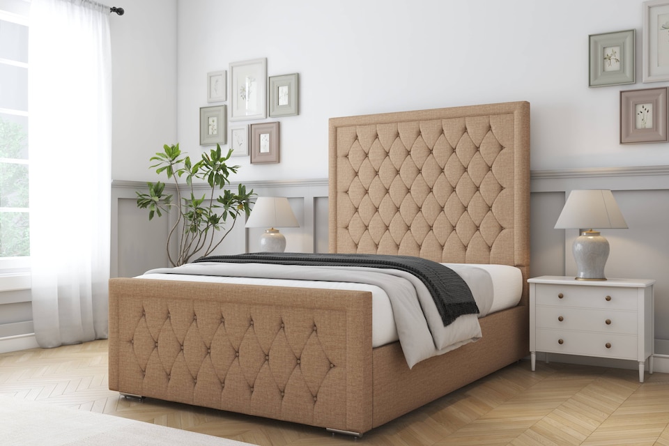 image 1 of Sloomy Monroe Latte Dumfries Bed Frame With Mattress With 50" Upholstered Headboard 5' King