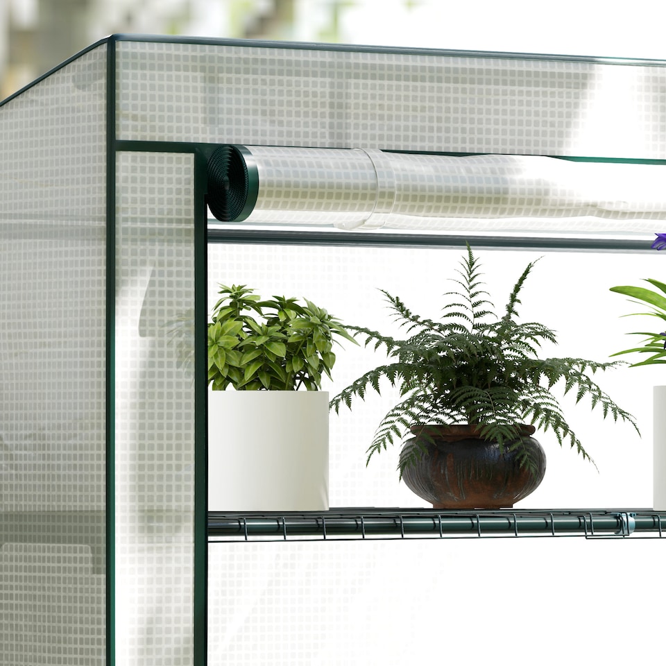 image 1 of Outsunny 4 Tier Lean-to Mini Greenhouse with Reinforced PE Cover, Green