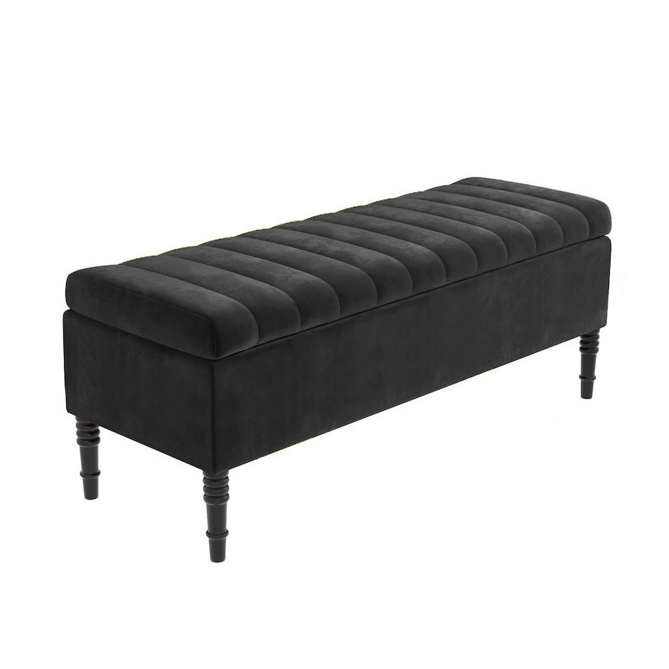 image 1 of 120cm Paris Striped Ottoman Storage Bench- Plush Velvet Shoe Bench - Black Upholstery Footstool with Storage