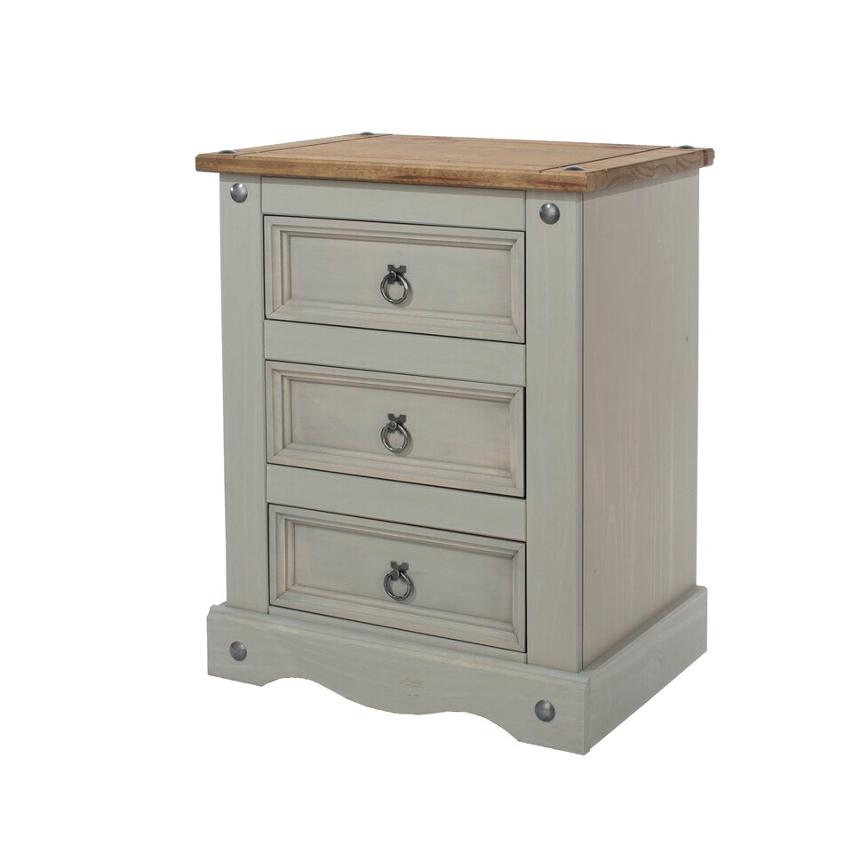 image 1 of Corona 3 Drawer Premium Bedside Table - Solid Pine Nightstand with Metal Hardware | Grey | Grey Wax | One Size | 1