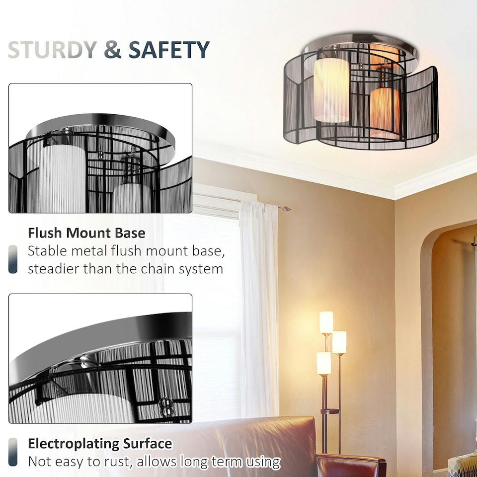 image 1 of HOMCOM Flush Mount Ceiling Light w/ Wire Drawing Lampshade Chrome Finish Black