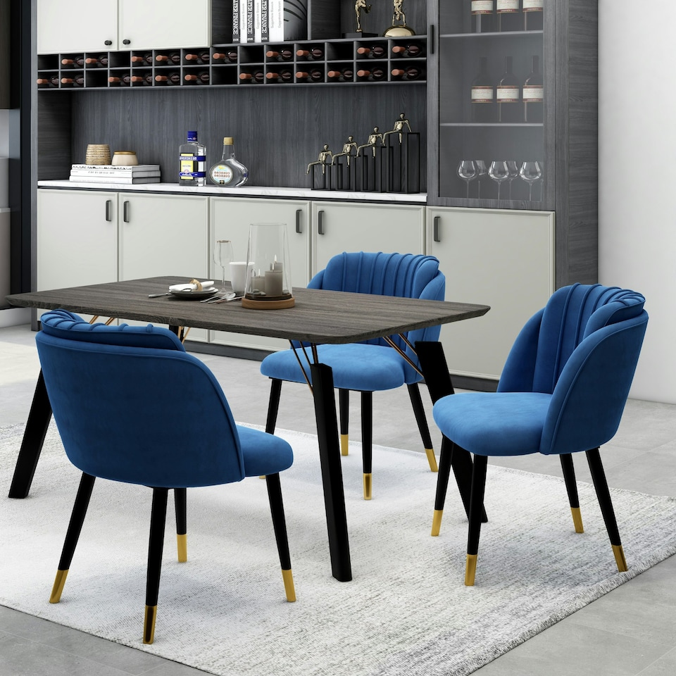 image 1 of Set of 2 Milano Velvet Dining Chairs with Stylish Ribbed Back Design, Black Metal Legs with Silver Tips | Blue | Gold End Tips