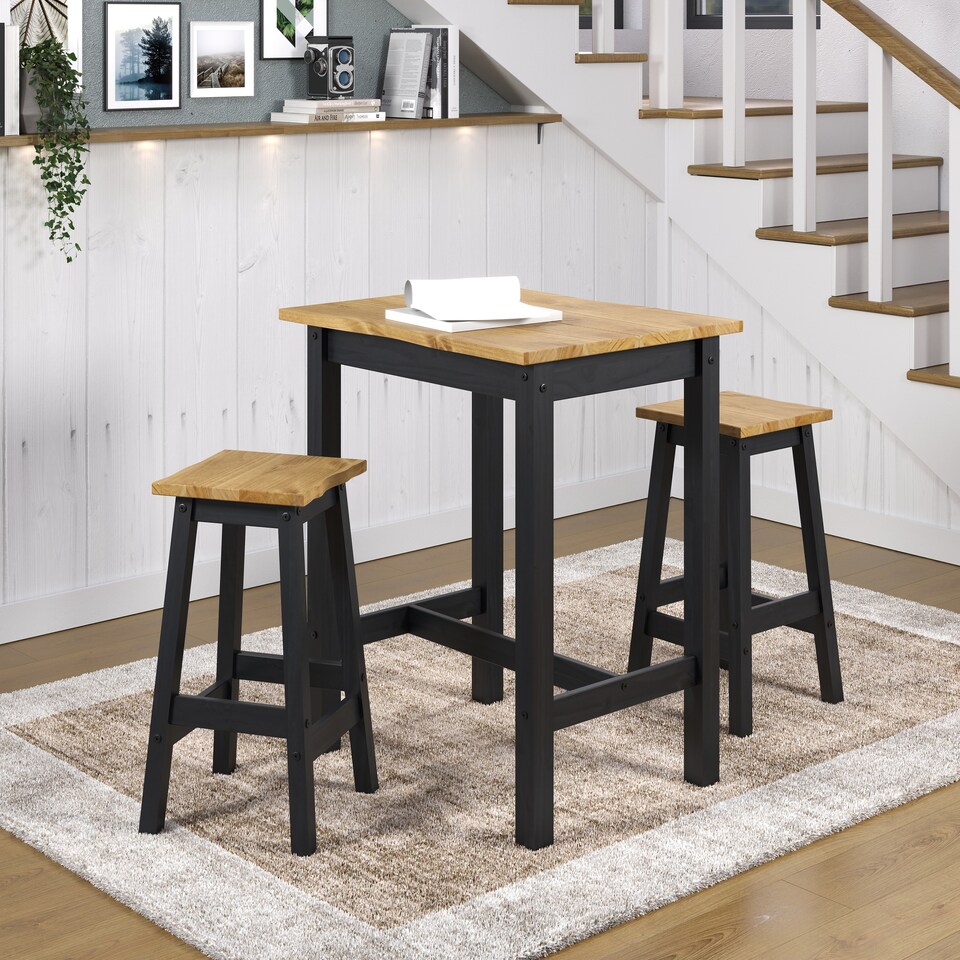 image 1 of Corona Wavy Edge Rectangular High Breakfast Bar Table & 2 Bar Stool Set - Black or Grey Frame | Black | Black | 1