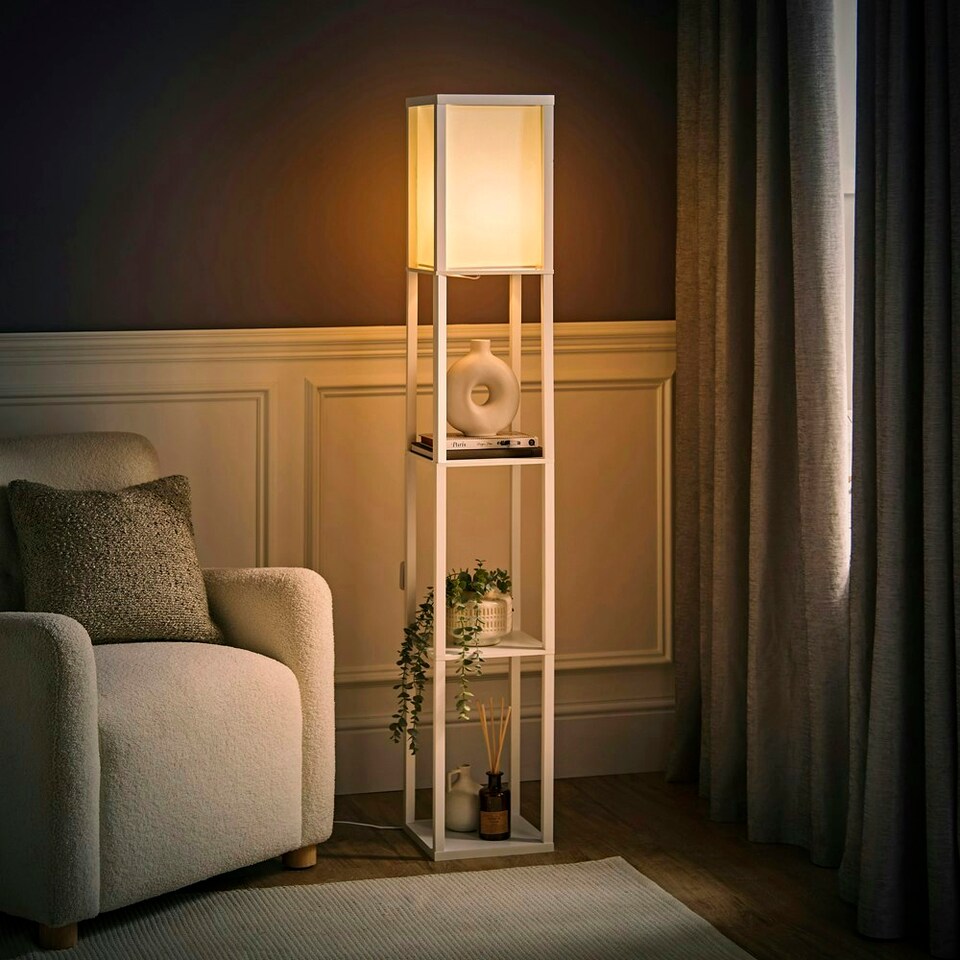image 1 of ValueLights Struttura White Shelving Floor Lamp with Fabric Shade