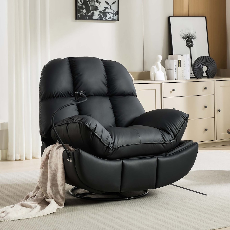 image 1 of Chicago Faux Leather Swivel & Rocker Electric Recliner Chair Black | Black | Black | One Size