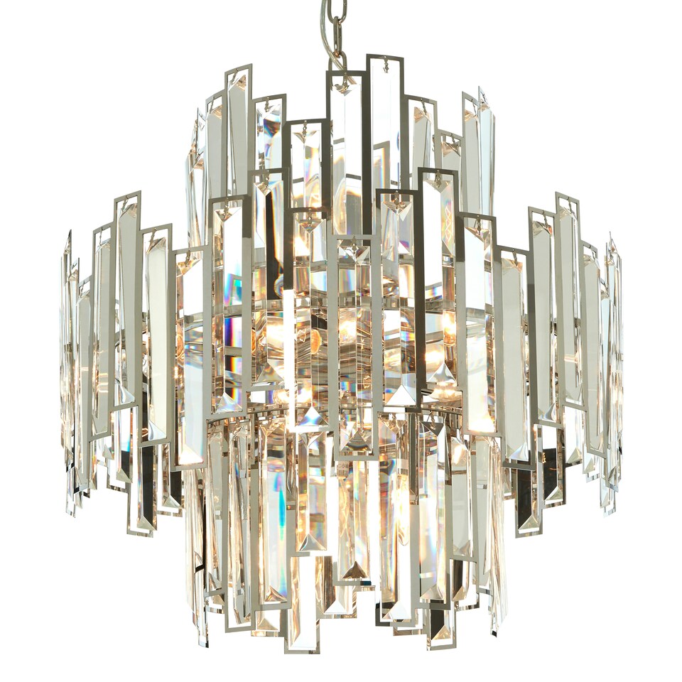 image 1 of Interiors by Premier Small Nickel Plated Chandelier, Crystal Glass and Stainless Steel Pendant Light, Statement Ceiling Fixture Silver