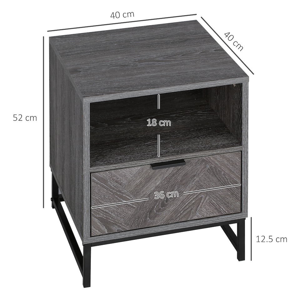 image 1 of HOMCOM Bedside Table with Drawer and Shelf, Side End Table with Steel Legs for Living Room, Bedroom, Dark Grey