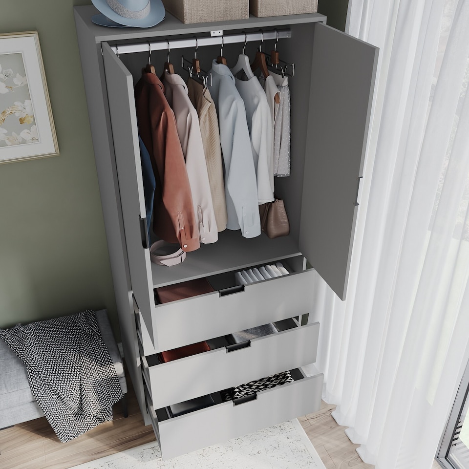 image 1 of 2 Door 3 Drawer Wardrobe with Hanging Rail - Modern Bedroom Storage Furniture | Grey | Grey with Grey Doors | 1