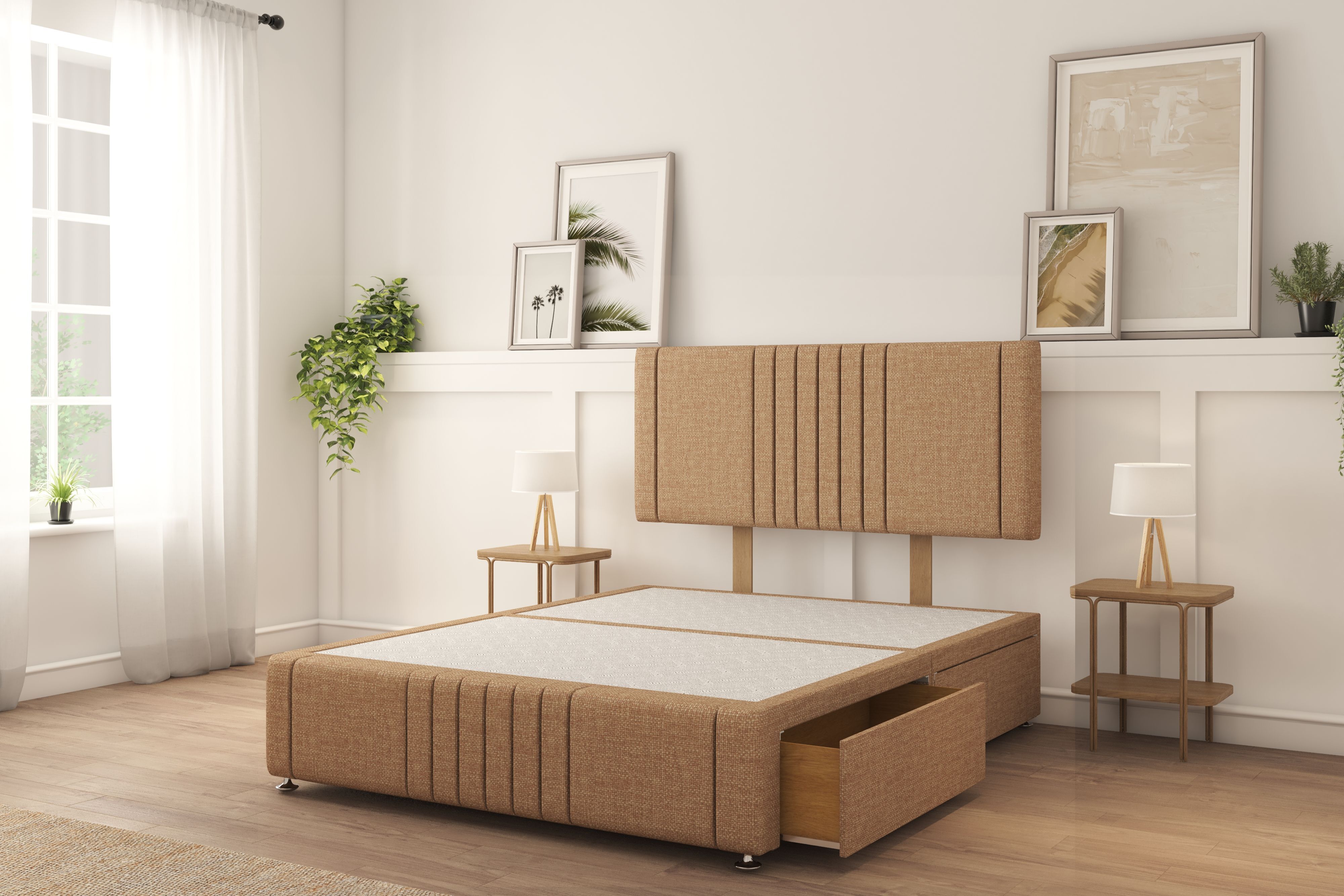 Sloomy Harrington Latte Tweed Divan Bed Base 2 Drawers Left Side With 26" Strutted Headboard & 12" Footboard 4'6 Double