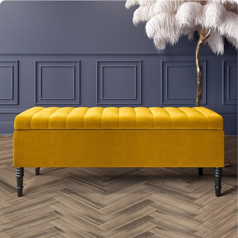 image 1 of 120cm Paris Striped Ottoman Storage Bench- Plush Velvet Shoe Bench - Mustard Gold Upholstery Footstool with Storage