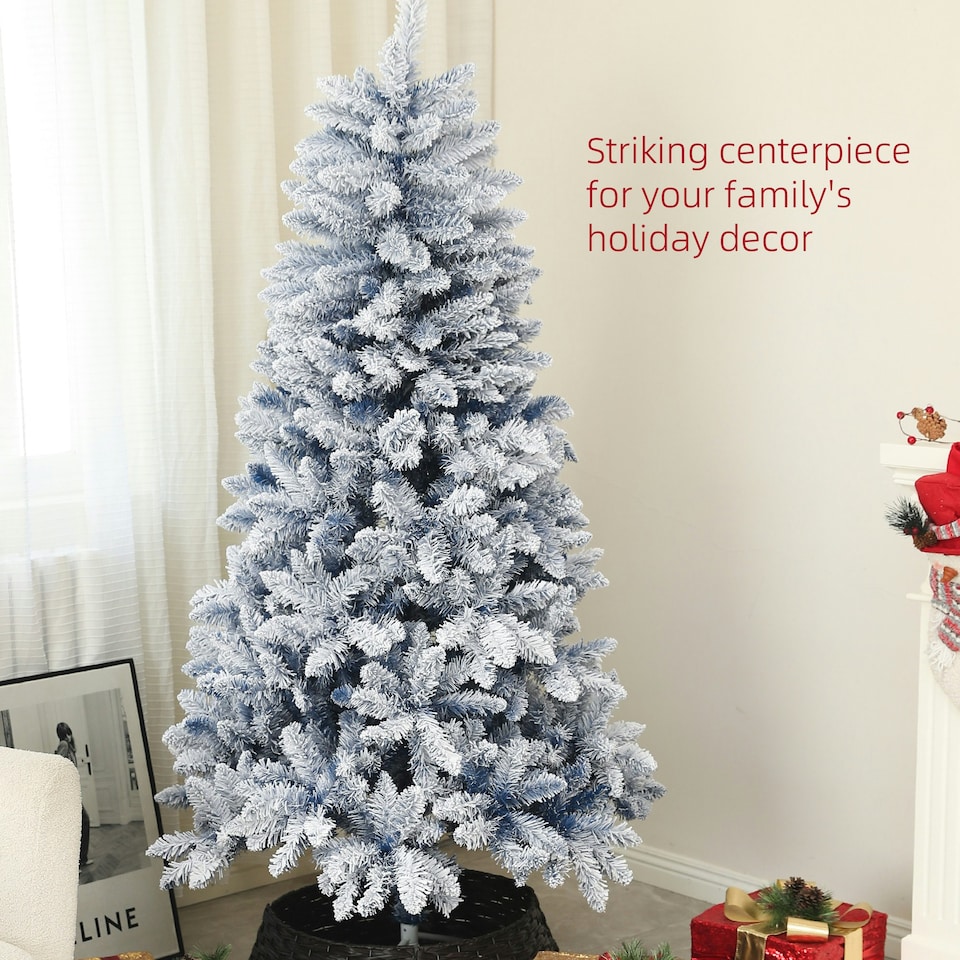 image 1 of HOMCOM 5 Foot Artificial Blue Snow Flocked Christmas Tree with Hinged Branches