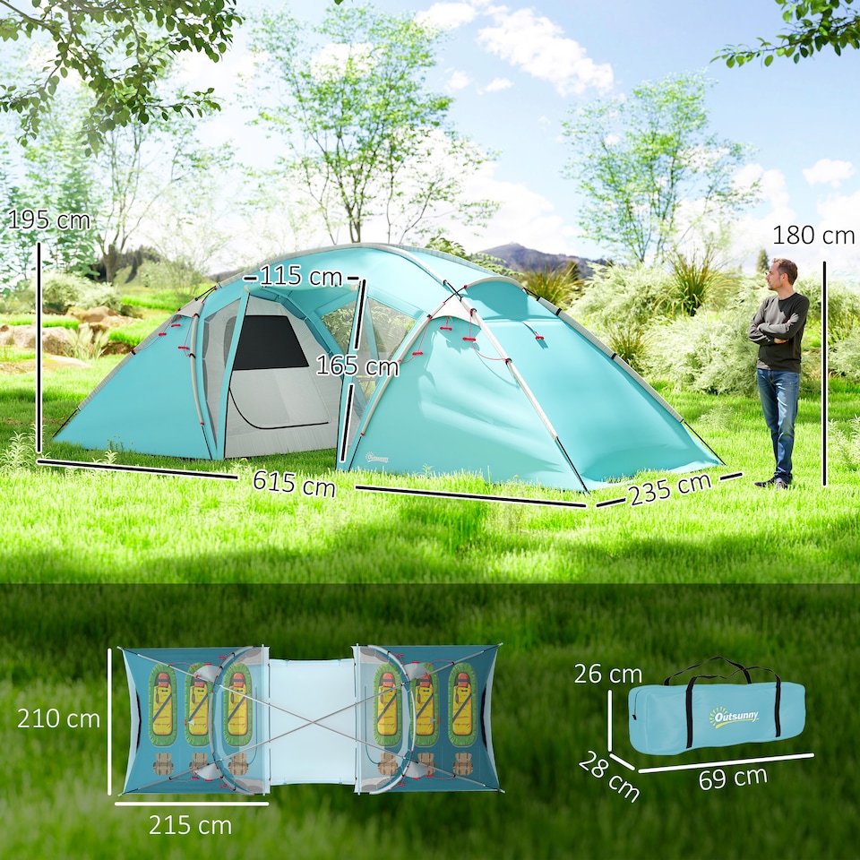 image 1 of Outsunny 4-6 Man Family Camping Tent with 2 Bedrooms, a Living Room | Blue | Blue