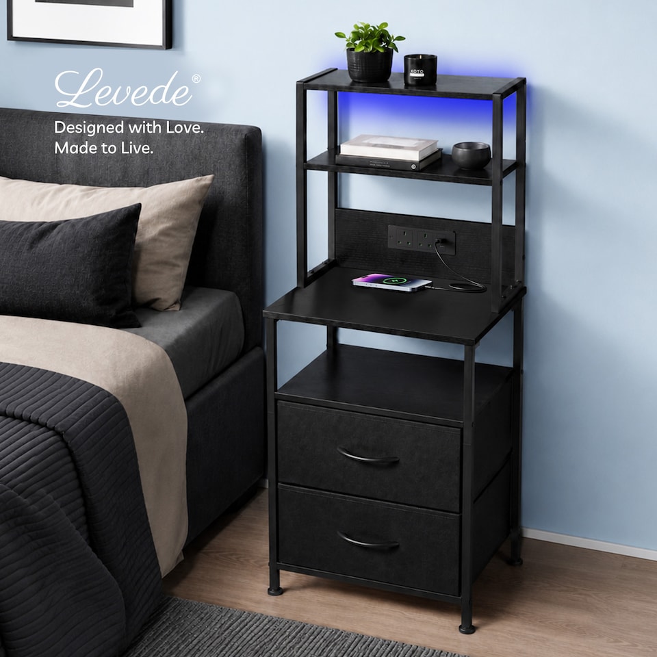 image 1 of Levede Bedside Table with Charging Station,LED Light 2 Drawers Storage Black