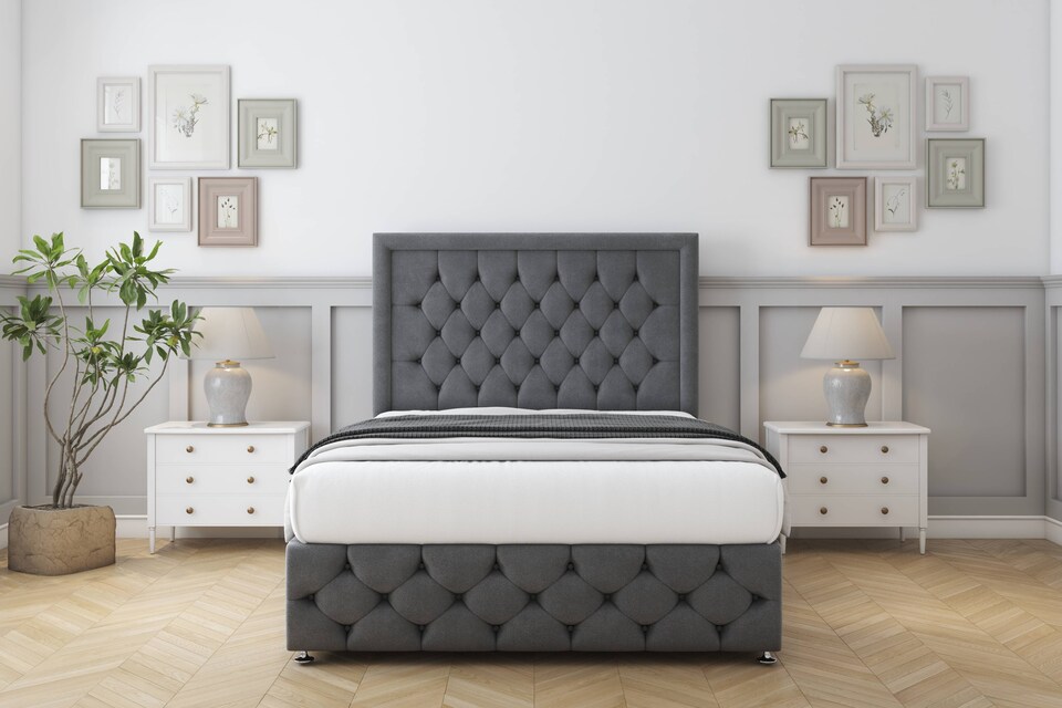 image 1 of Sloomy Vienna Armour Coniston Divan Bed Base 4 Drawers With 26 Inch Strutted Headboard & 12 Inch Matching Footboard | Grey | Armour | Small Double | 1