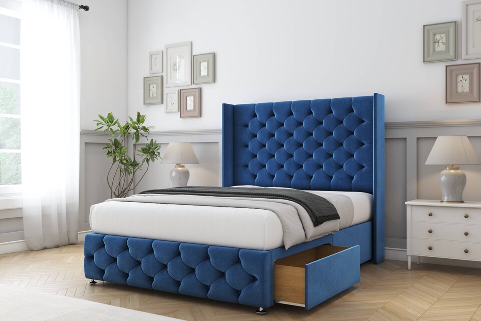 image 1 of Sloomy Luthor Navy Plush Divan Bed Base No Drawers With 54 Inch Wingback Headboard & 12 Inch Matching Footboard | Blue | Navy | King | 1