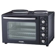 Cooks Professional 34L Mini Oven with 2 Hobs - Electric Multifunction Countertop Cooker | Black | Black & Silver