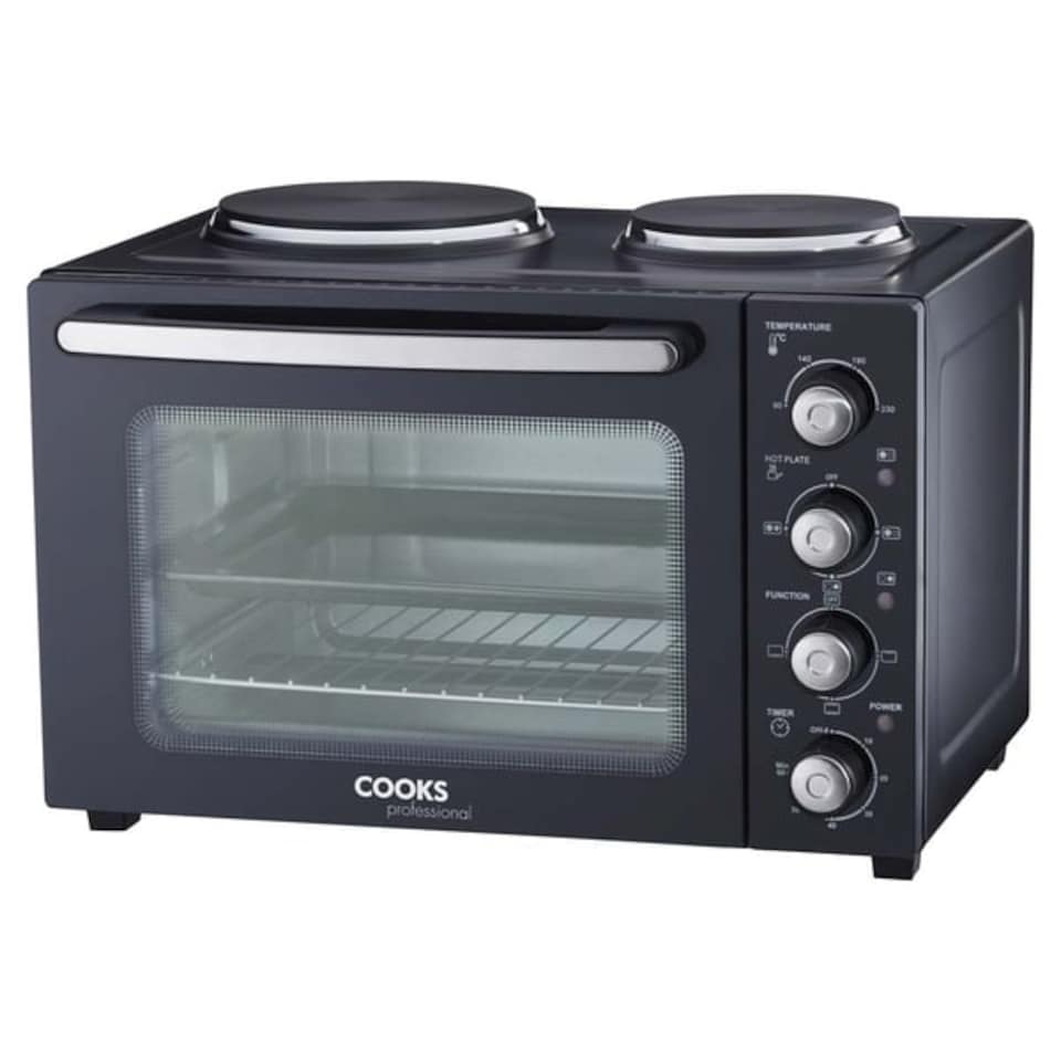 image 1 of Cooks Professional 34L Mini Oven with 2 Hobs - Electric Multifunction Countertop Cooker | Black | Black & Silver