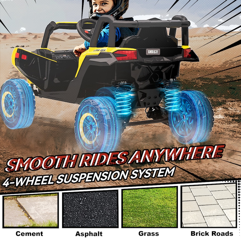 image 1 of AIYAPLAY 12V Kids Ride On Car, Electric Car for Kids UTV with Remote Control, Slow Start, Suspension System, LED Lights, Music, USB Port, for Boys Girls 3-5 Years | Yellow