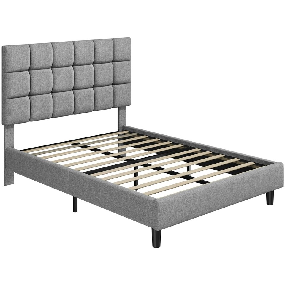 image 1 of Yaheetech 135 cm W x 190 cm L Upholstered Bed Frame Light Grey