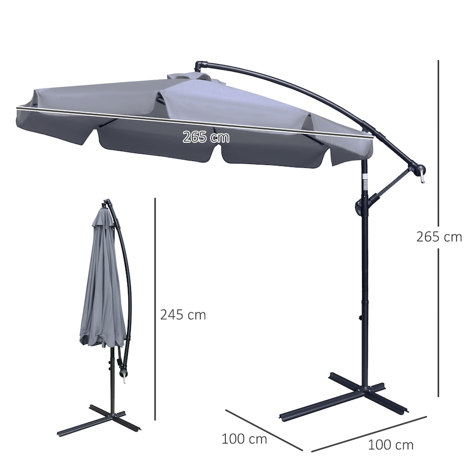 image 1 of Outsunny 2.7m Garden Banana Parasol Cantilever Umbrella with Crank Handle and Cross Base for Outdoor, Hanging Sun Shade, Dark Grey