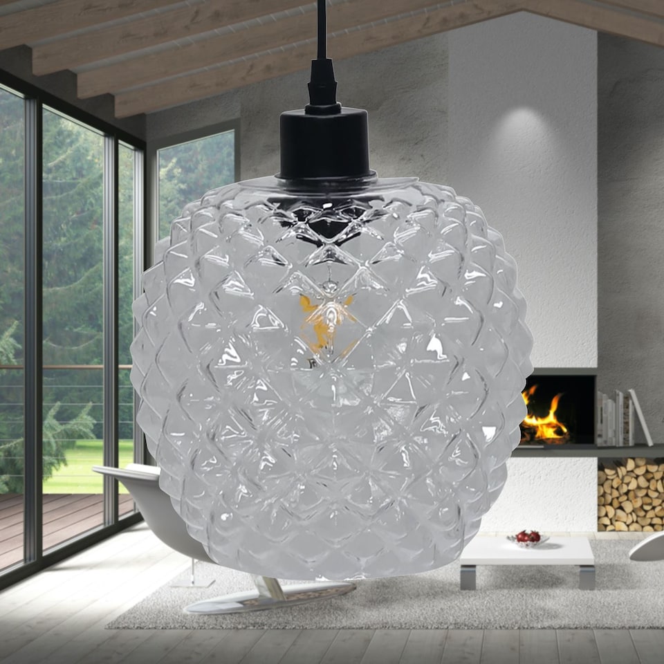 image 1 of Baine - Clear Textured Glass with Black Pendant Fitting | Clear | Clear | 1