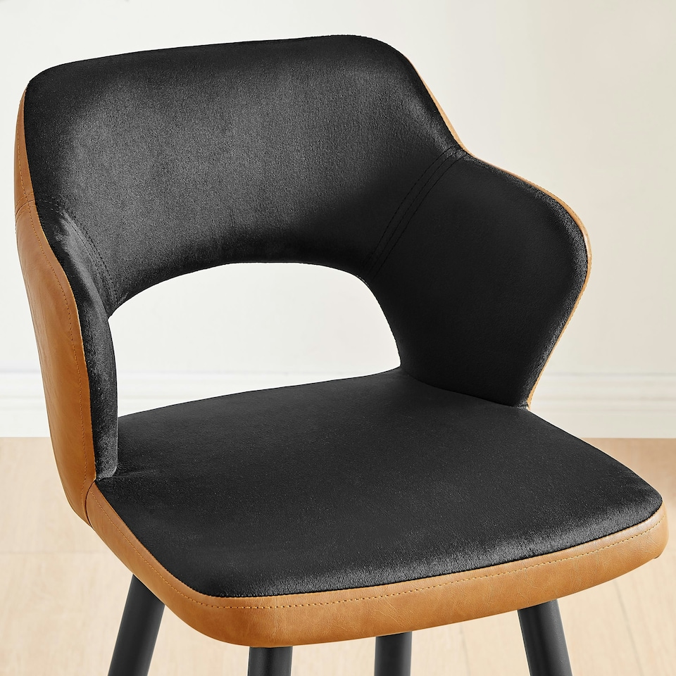 image 1 of Furniturebox Kai 2x Black Velvet Tan Faux Leather Black Leg Bar Chair